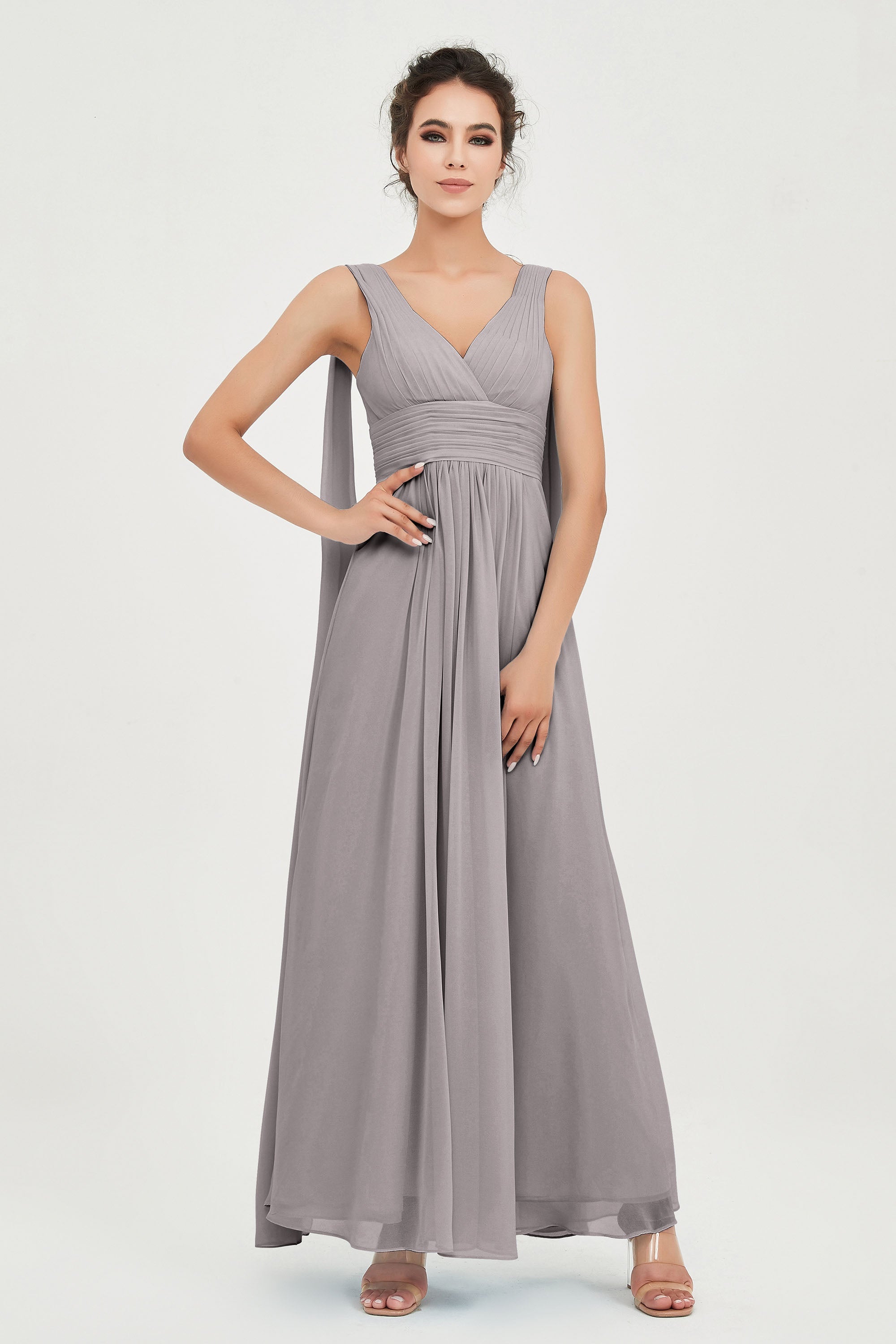 V Neck Chiffon Bridesmaid Dresses Pleated Ruched A Line Formal Evening Dress Gowns
