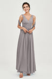 V Neck Chiffon Bridesmaid Dresses Pleated Ruched A Line Formal Evening Dress Gowns