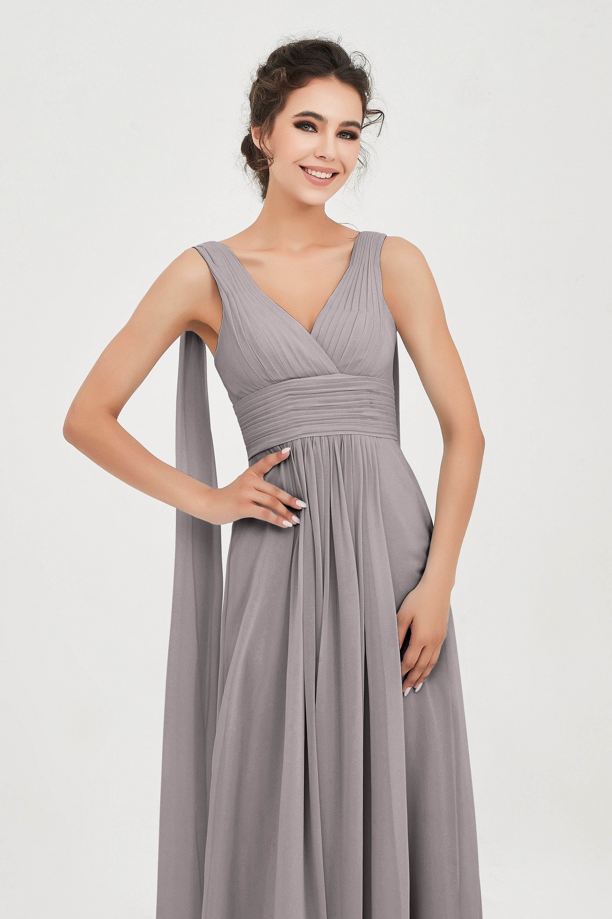 V Neck Chiffon Bridesmaid Dresses Pleated Ruched A Line Formal Evening Dress Gowns