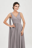 V Neck Chiffon Bridesmaid Dresses Pleated Ruched A Line Formal Evening Dress Gowns