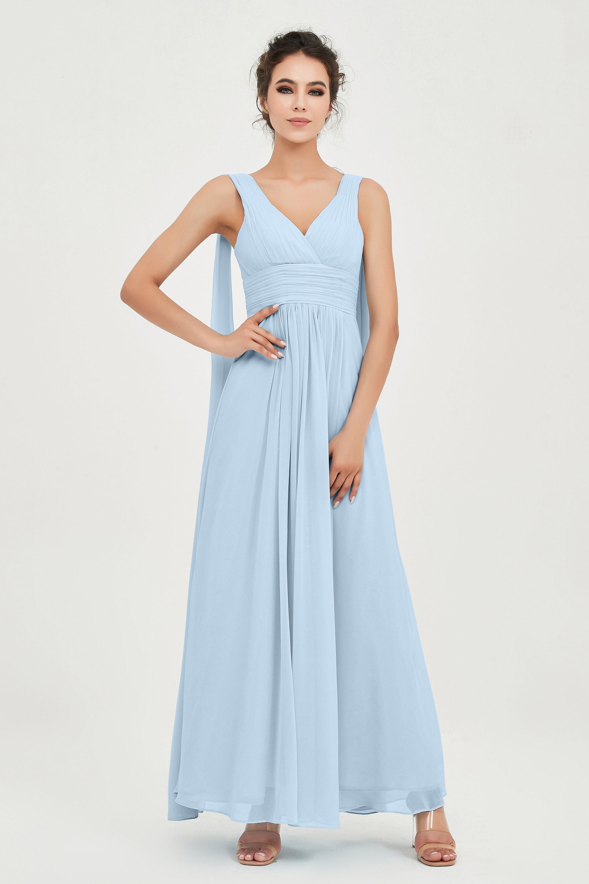 V Neck Chiffon Bridesmaid Dresses Pleated Ruched A Line Formal Evening Dress Gowns