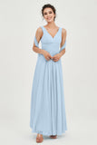 V Neck Chiffon Bridesmaid Dresses Pleated Ruched A Line Formal Evening Dress Gowns