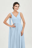 V Neck Chiffon Bridesmaid Dresses Pleated Ruched A Line Formal Evening Dress Gowns