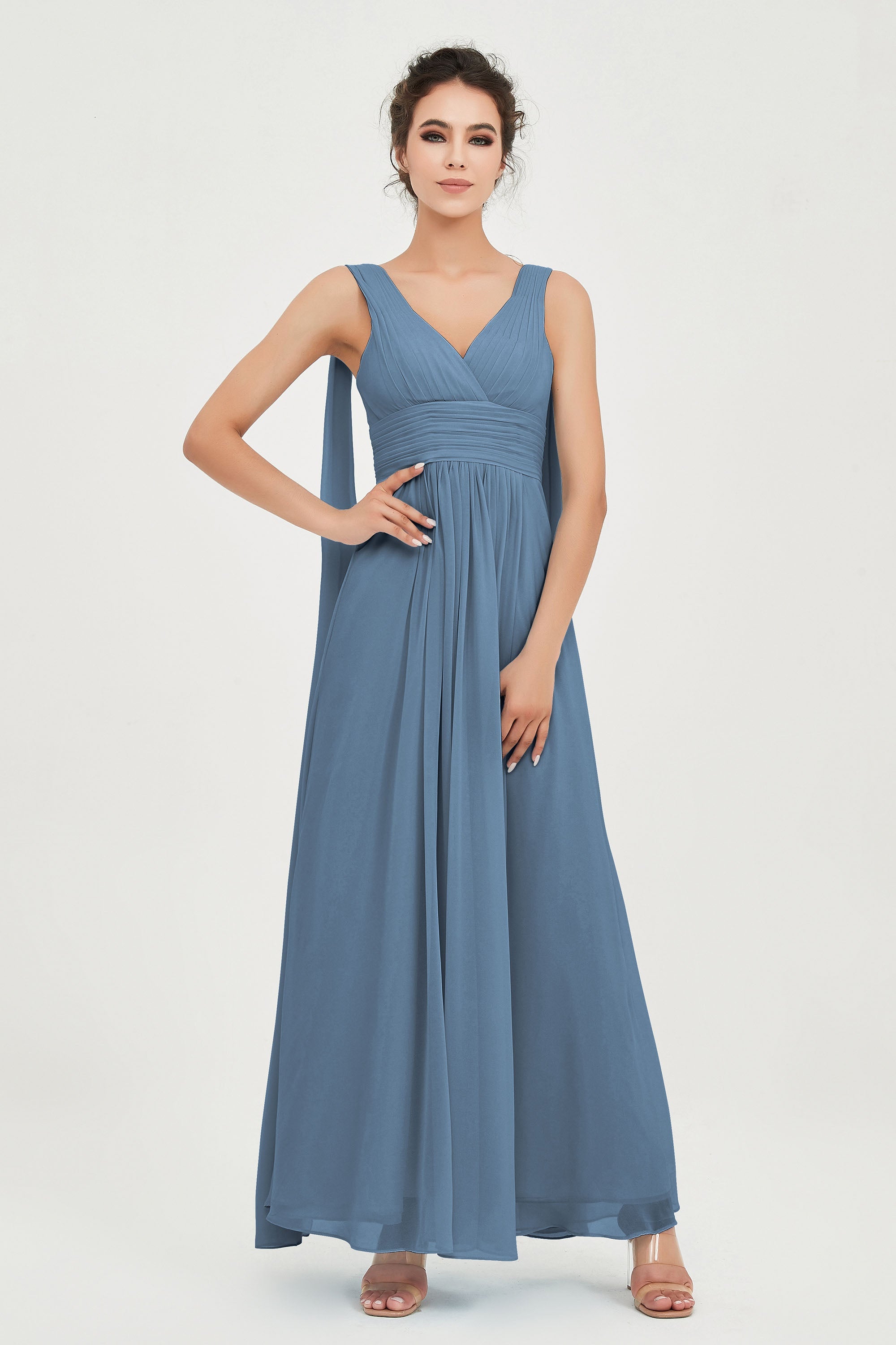 V Neck Chiffon Bridesmaid Dresses Pleated Ruched A Line Formal Evening Dress Gowns