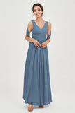 V Neck Chiffon Bridesmaid Dresses Pleated Ruched A Line Formal Evening Dress Gowns
