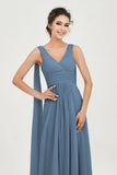 V Neck Chiffon Bridesmaid Dresses Pleated Ruched A Line Formal Evening Dress Gowns