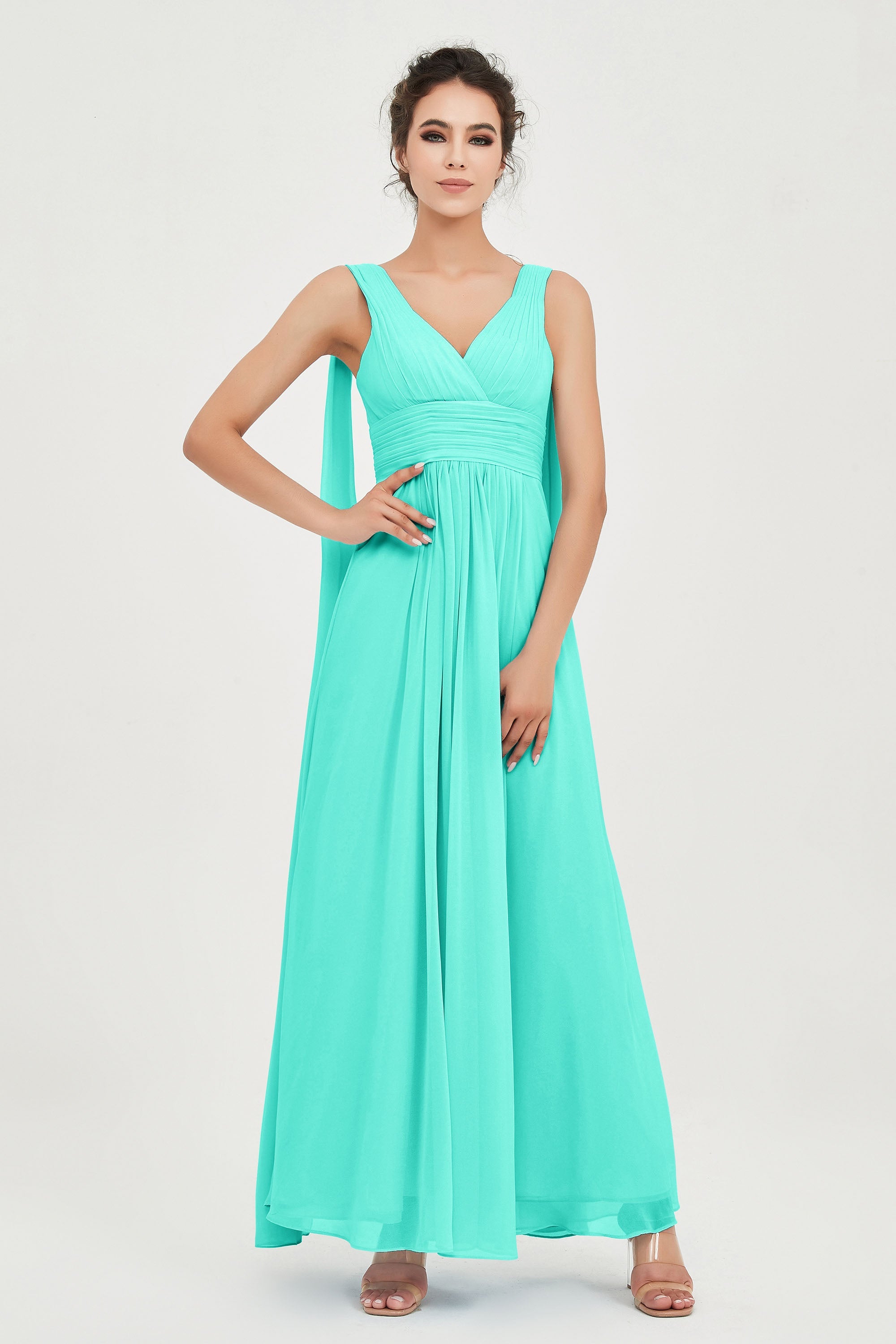 V Neck Chiffon Bridesmaid Dresses Pleated Ruched A Line Formal Evening Dress Gowns