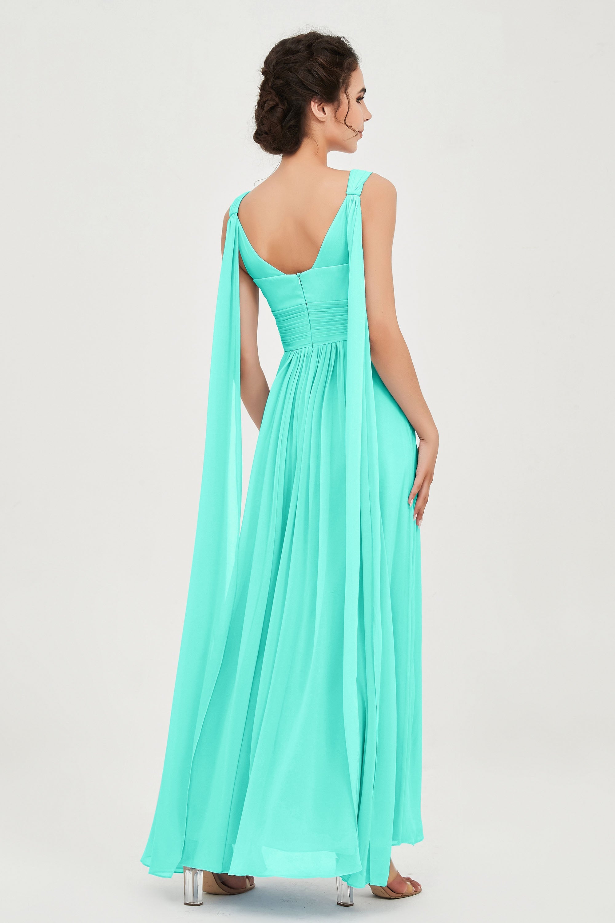 V Neck Chiffon Bridesmaid Dresses Pleated Ruched A Line Formal Evening Dress Gowns
