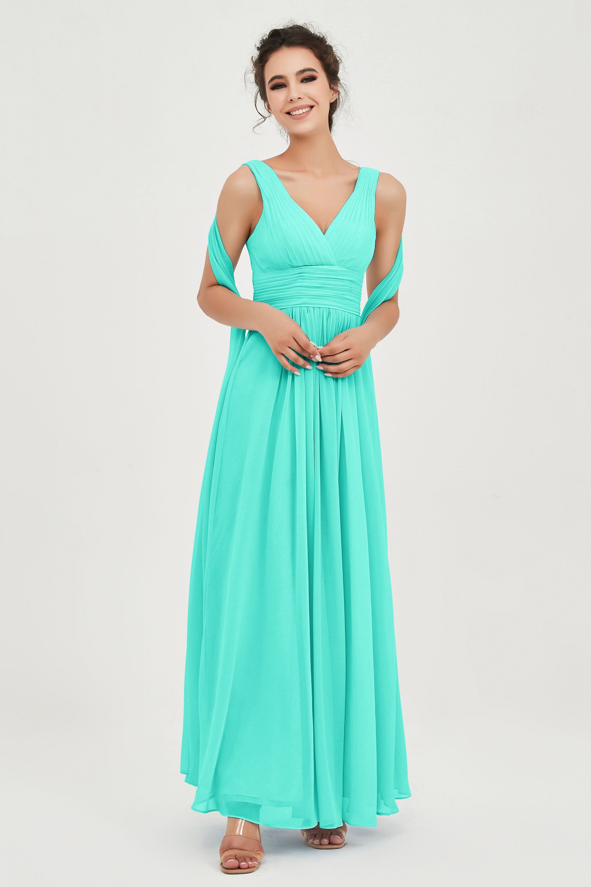 V Neck Chiffon Bridesmaid Dresses Pleated Ruched A Line Formal Evening Dress Gowns