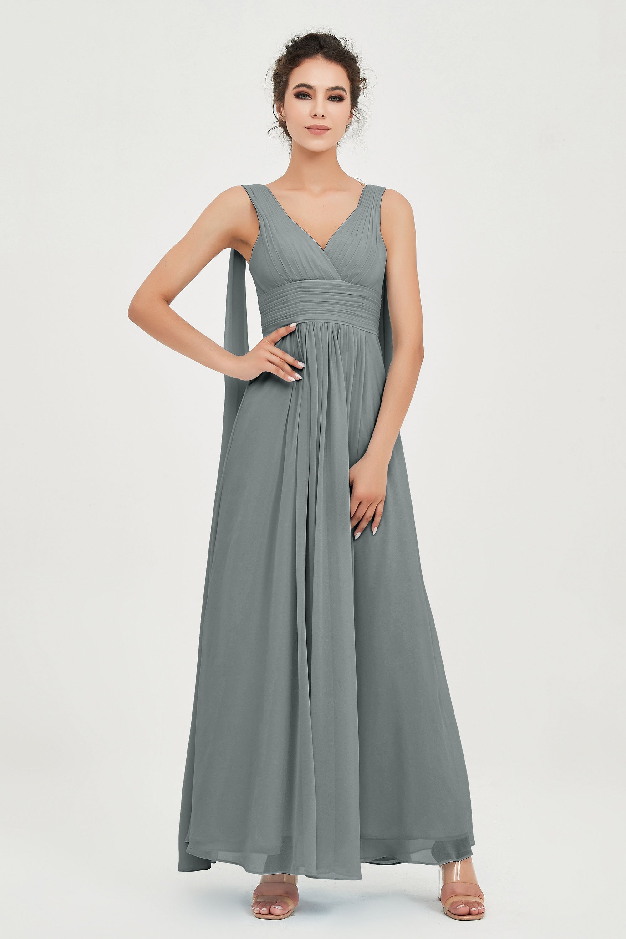 V Neck Chiffon Bridesmaid Dresses Pleated Ruched A Line Formal Evening Dress Gowns