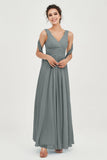 V Neck Chiffon Bridesmaid Dresses Pleated Ruched A Line Formal Evening Dress Gowns