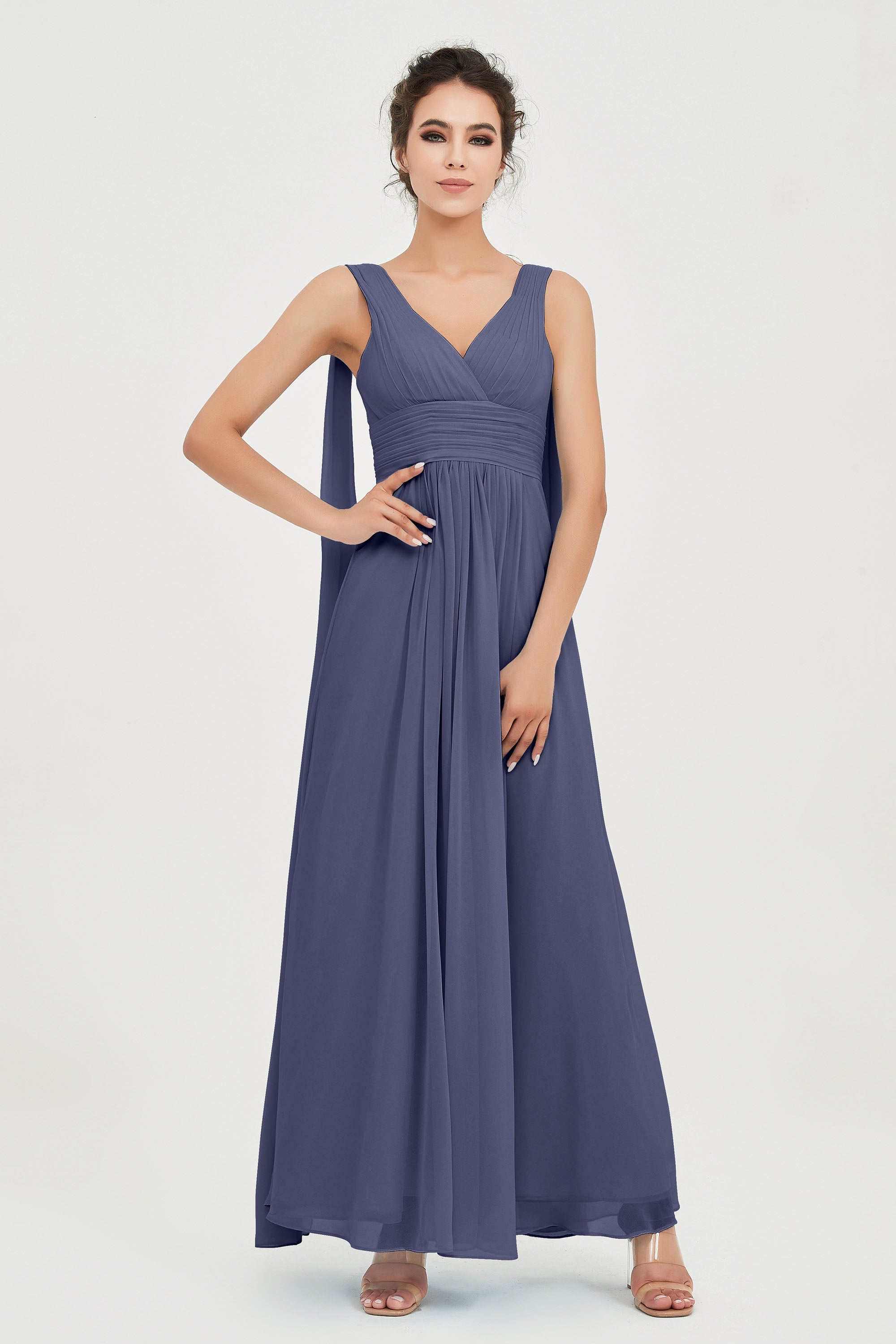 V Neck Chiffon Bridesmaid Dresses Pleated Ruched A Line Formal Evening Dress Gowns