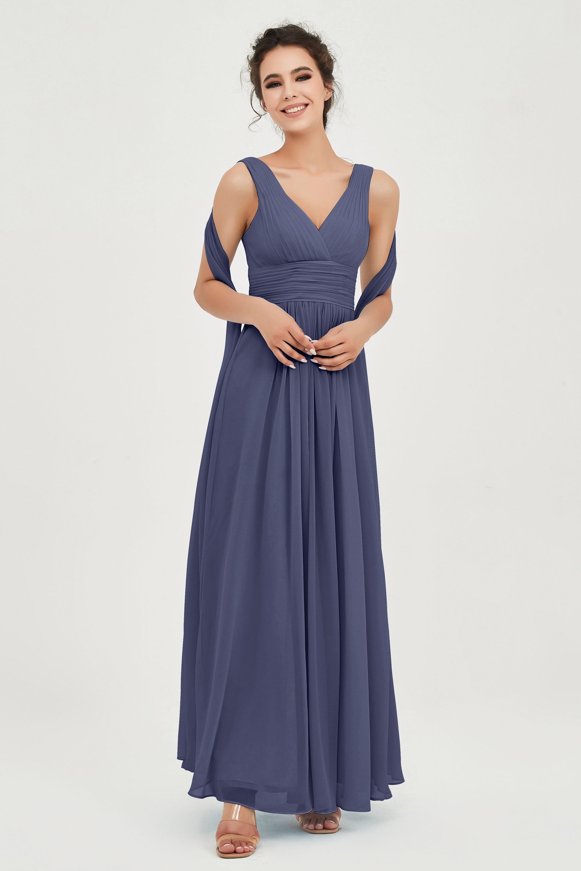 V Neck Chiffon Bridesmaid Dresses Pleated Ruched A Line Formal Evening Dress Gowns