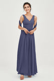 V Neck Chiffon Bridesmaid Dresses Pleated Ruched A Line Formal Evening Dress Gowns