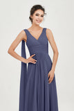 V Neck Chiffon Bridesmaid Dresses Pleated Ruched A Line Formal Evening Dress Gowns