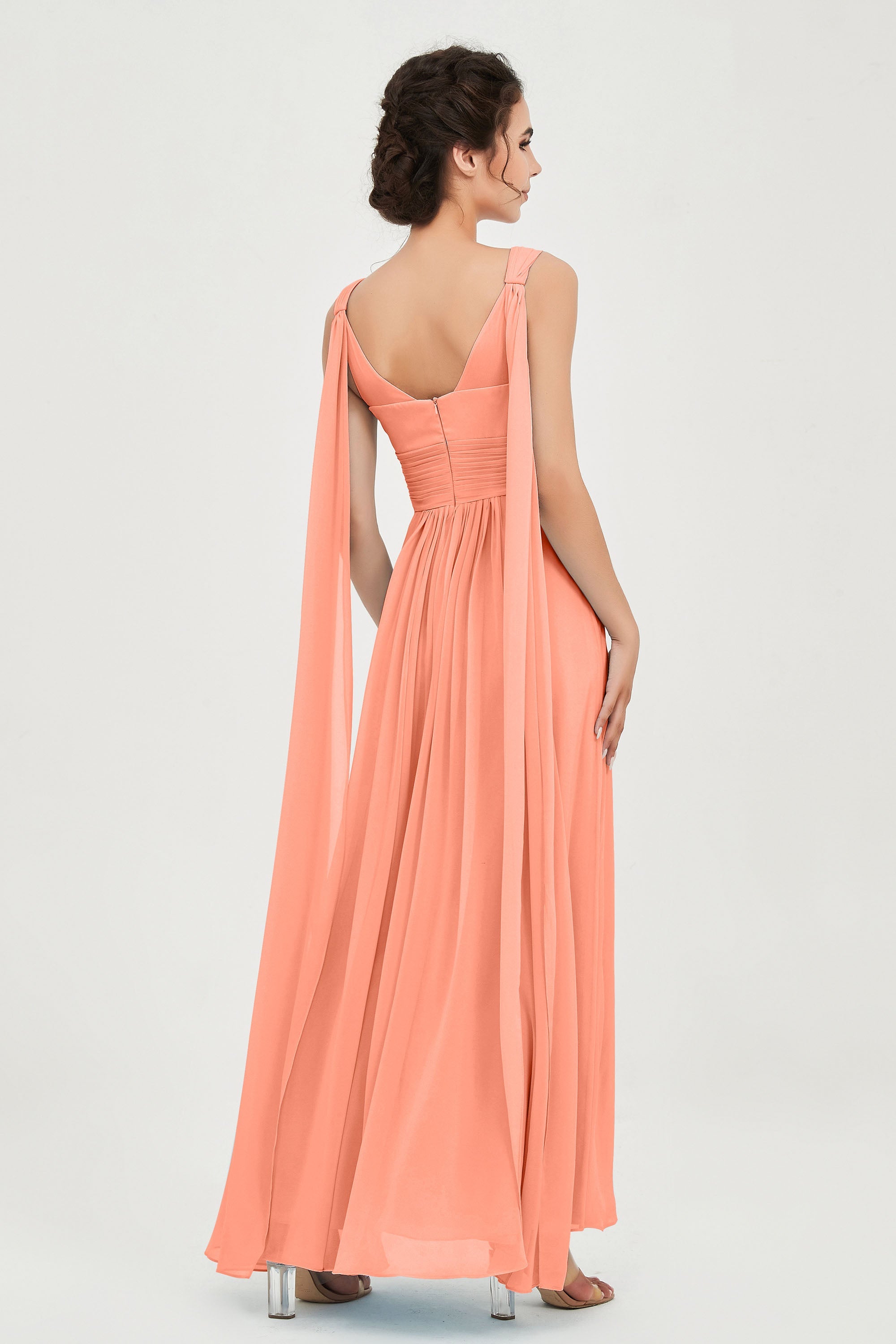 V Neck Chiffon Bridesmaid Dresses Pleated Ruched A Line Formal Evening Dress Gowns