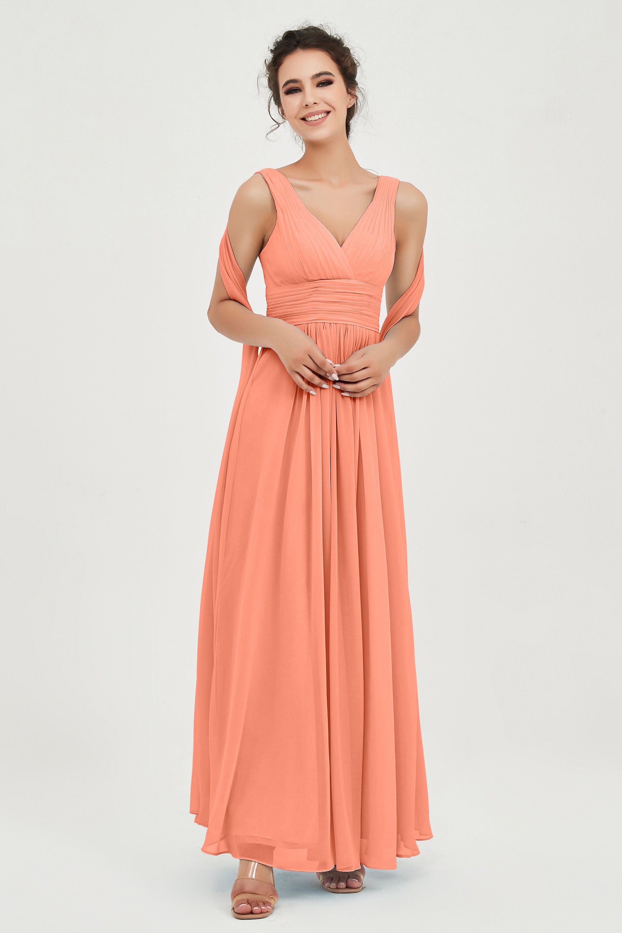 V Neck Chiffon Bridesmaid Dresses Pleated Ruched A Line Formal Evening Dress Gowns
