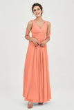 V Neck Chiffon Bridesmaid Dresses Pleated Ruched A Line Formal Evening Dress Gowns