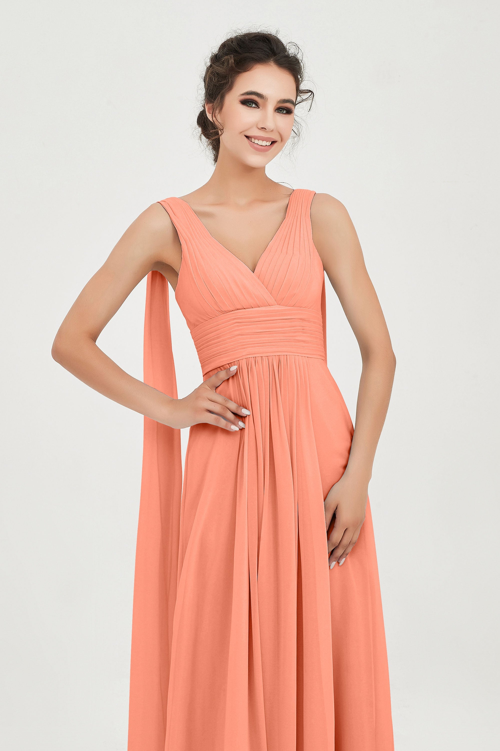 V Neck Chiffon Bridesmaid Dresses Pleated Ruched A Line Formal Evening Dress Gowns