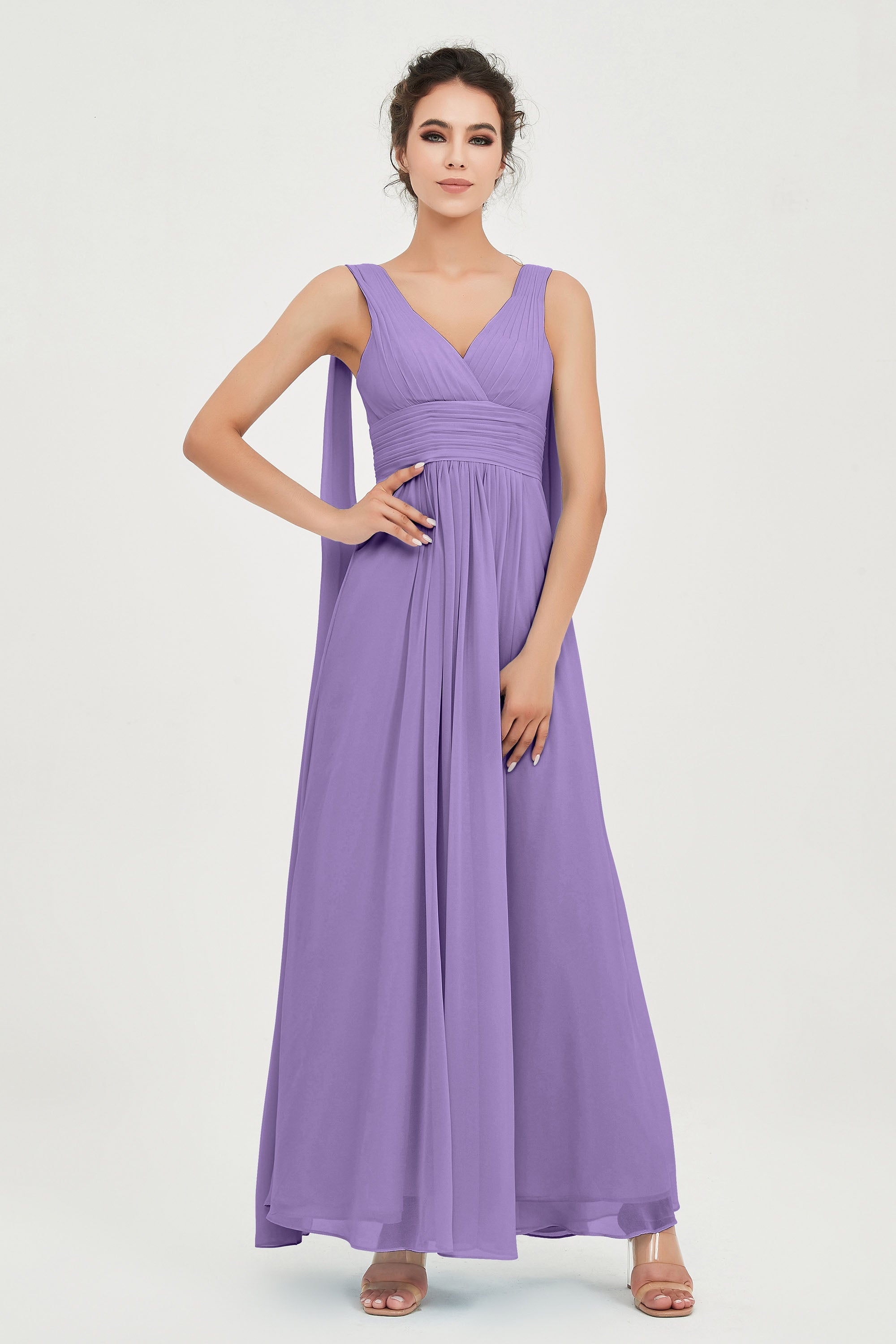 V Neck Chiffon Bridesmaid Dresses Pleated Ruched A Line Formal Evening Dress Gowns