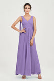 V Neck Chiffon Bridesmaid Dresses Pleated Ruched A Line Formal Evening Dress Gowns
