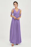 V Neck Chiffon Bridesmaid Dresses Pleated Ruched A Line Formal Evening Dress Gowns