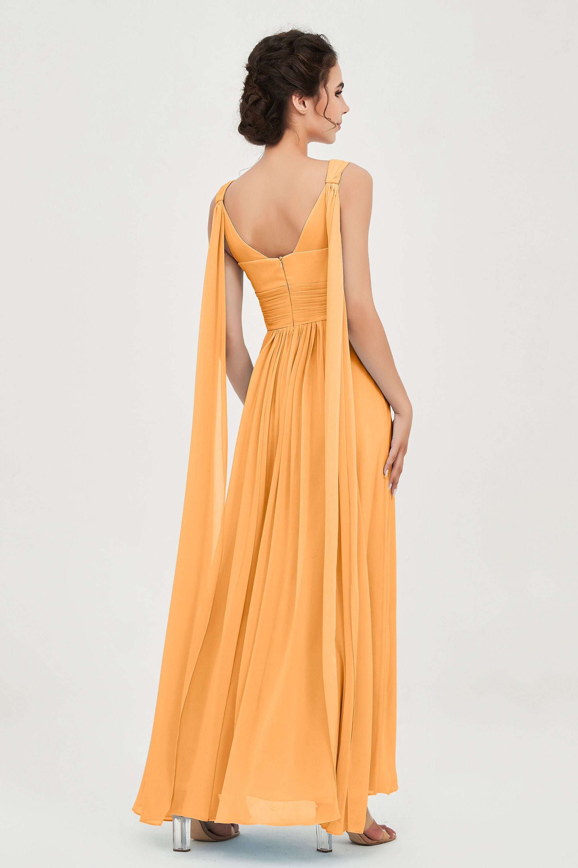 V Neck Chiffon Bridesmaid Dresses Pleated Ruched A Line Formal Evening Dress Gowns