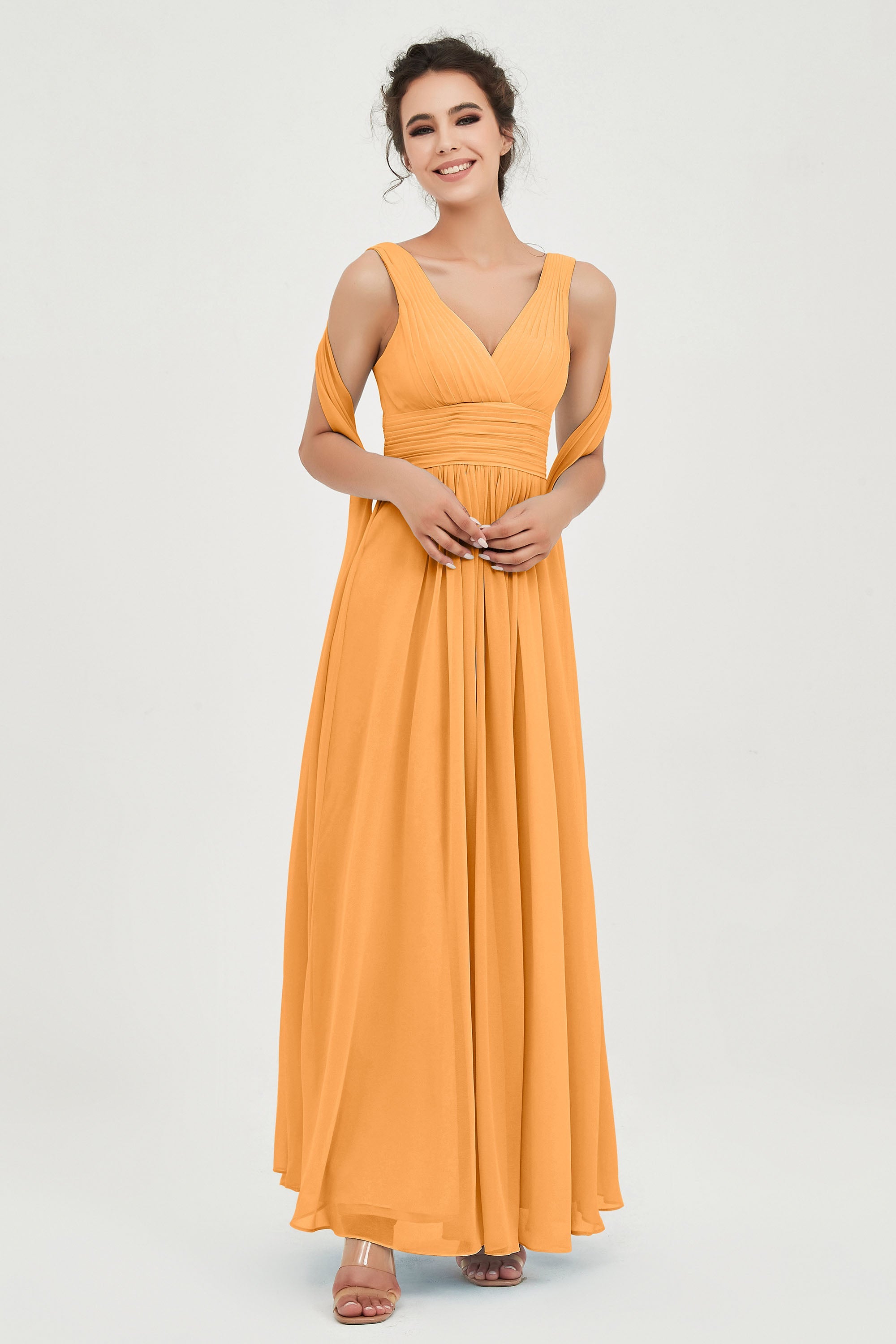 V Neck Chiffon Bridesmaid Dresses Pleated Ruched A Line Formal Evening Dress Gowns