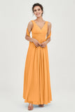 V Neck Chiffon Bridesmaid Dresses Pleated Ruched A Line Formal Evening Dress Gowns