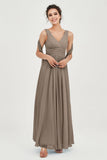 V Neck Chiffon Bridesmaid Dresses Pleated Ruched A Line Formal Evening Dress Gowns