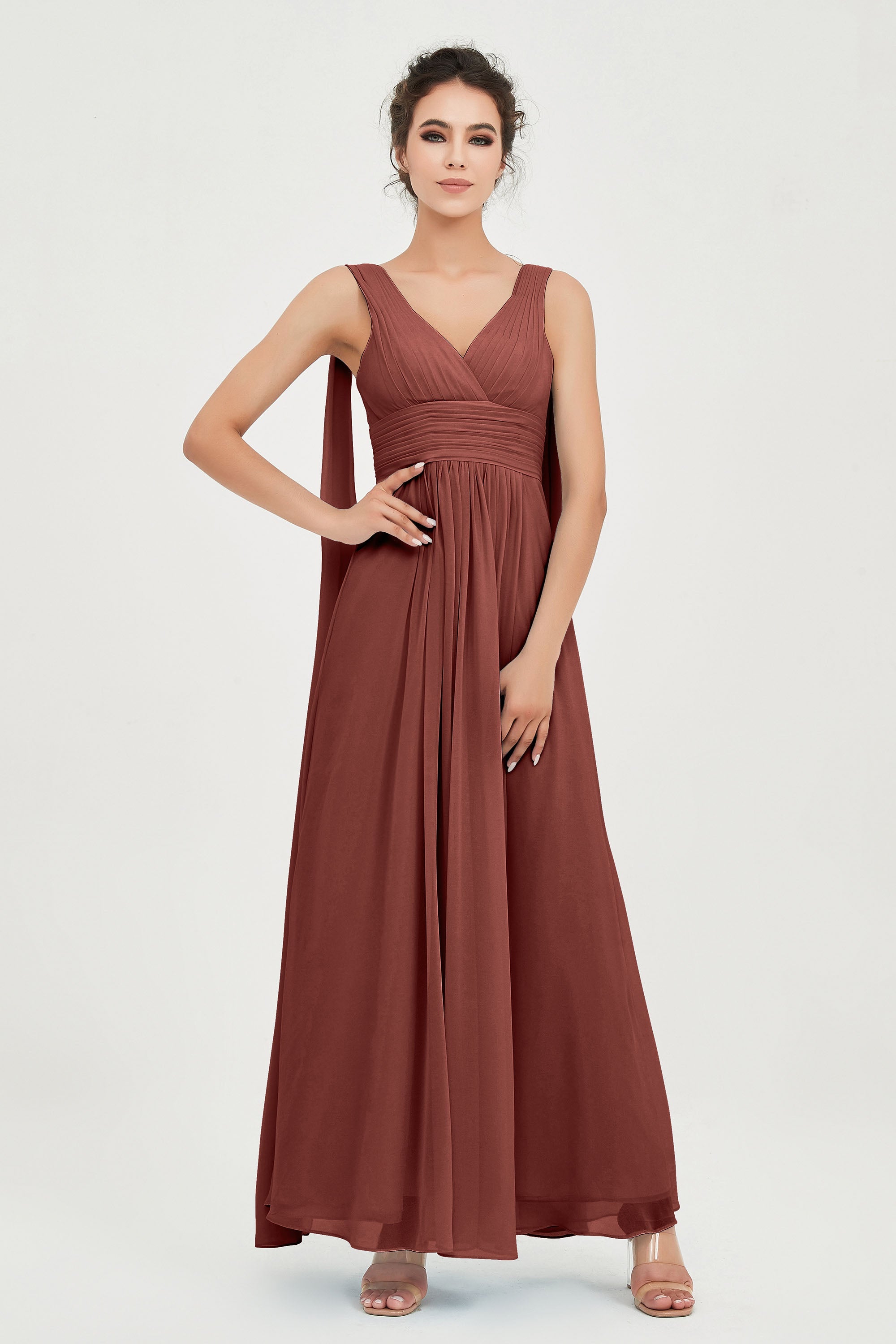 V Neck Chiffon Bridesmaid Dresses Pleated Ruched A Line Formal Evening Dress Gowns