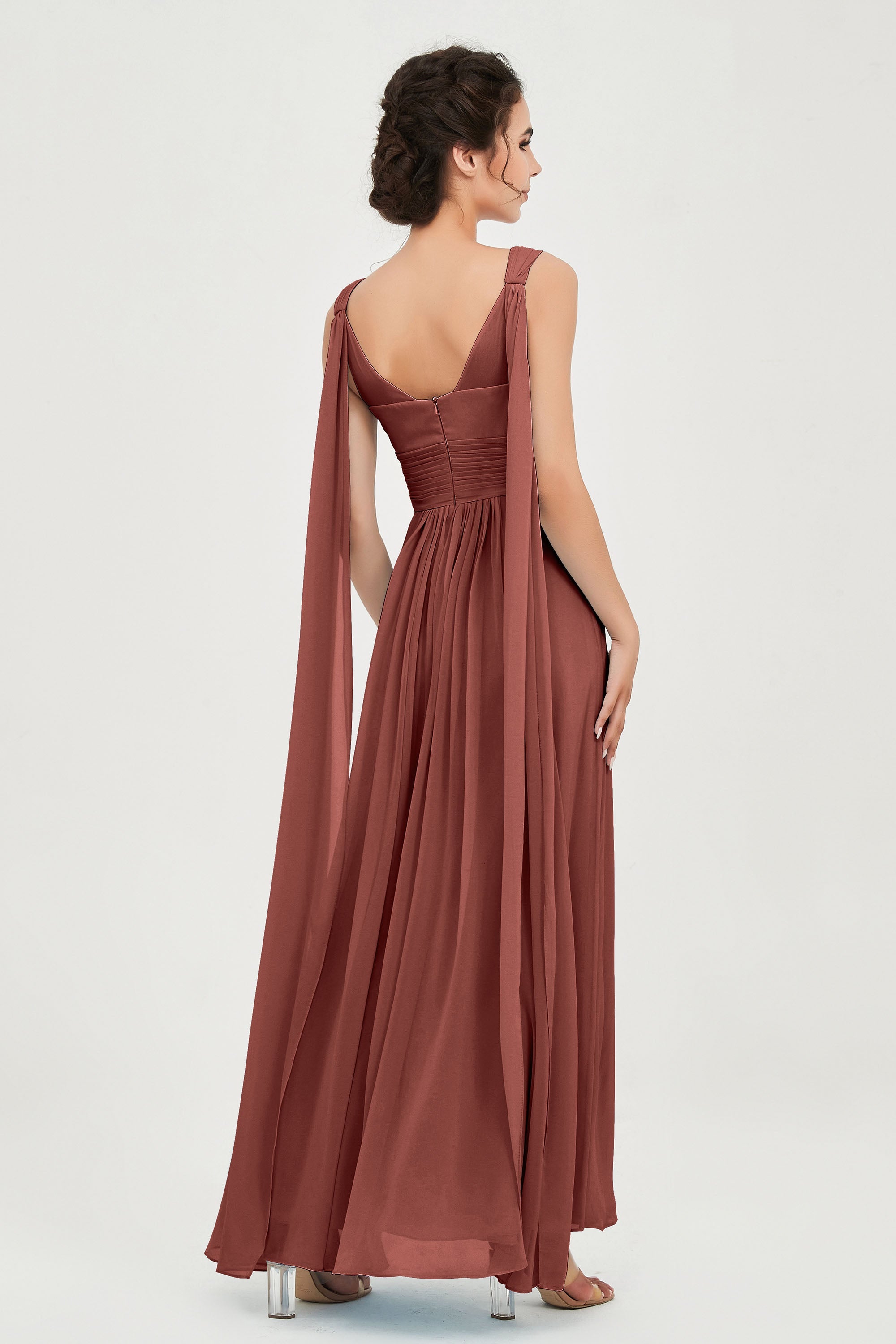 V Neck Chiffon Bridesmaid Dresses Pleated Ruched A Line Formal Evening Dress Gowns