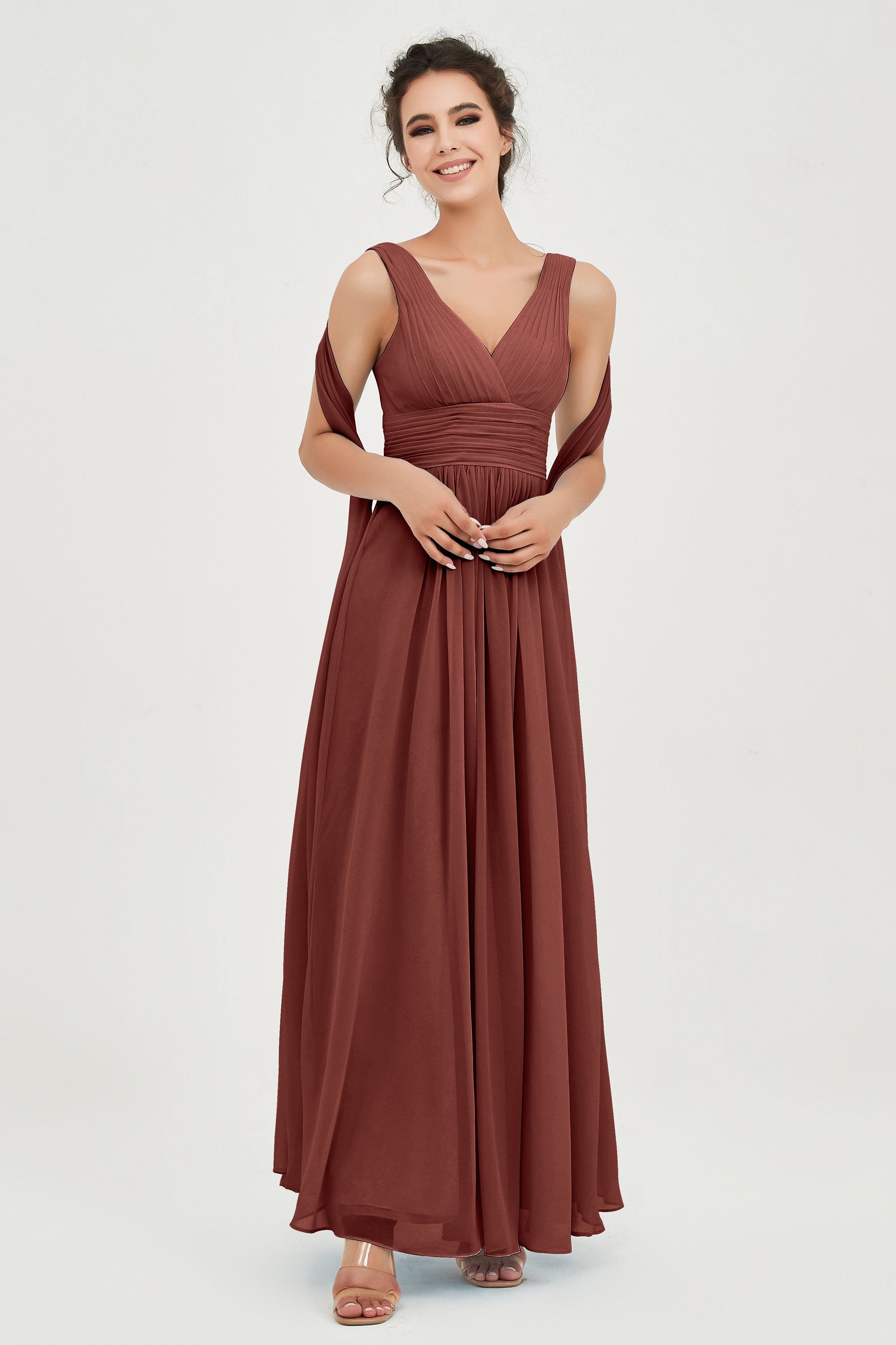 V Neck Chiffon Bridesmaid Dresses Pleated Ruched A Line Formal Evening Dress Gowns