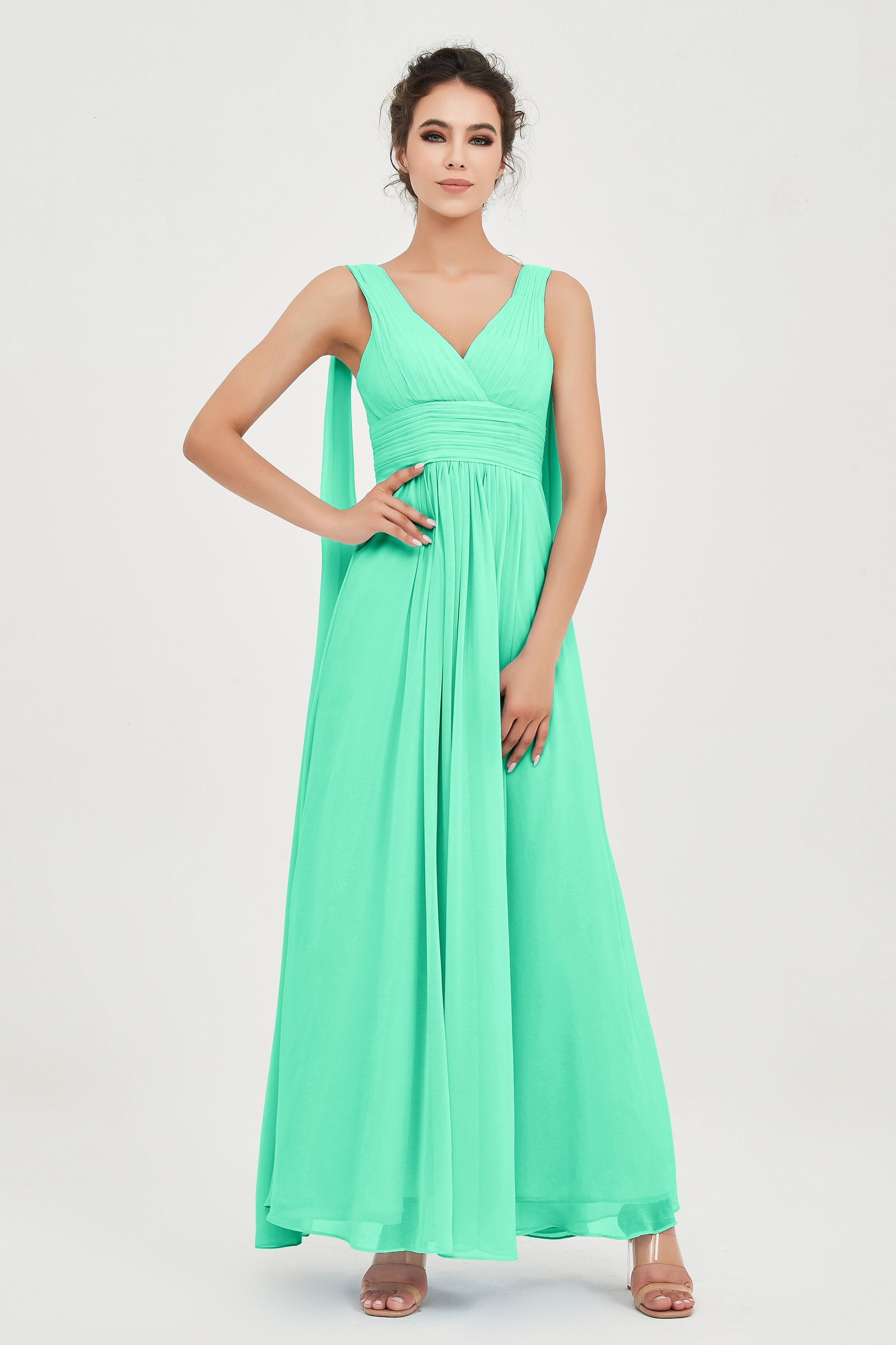 V Neck Chiffon Bridesmaid Dresses Pleated Ruched A Line Formal Evening Dress Gowns