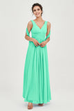 V Neck Chiffon Bridesmaid Dresses Pleated Ruched A Line Formal Evening Dress Gowns