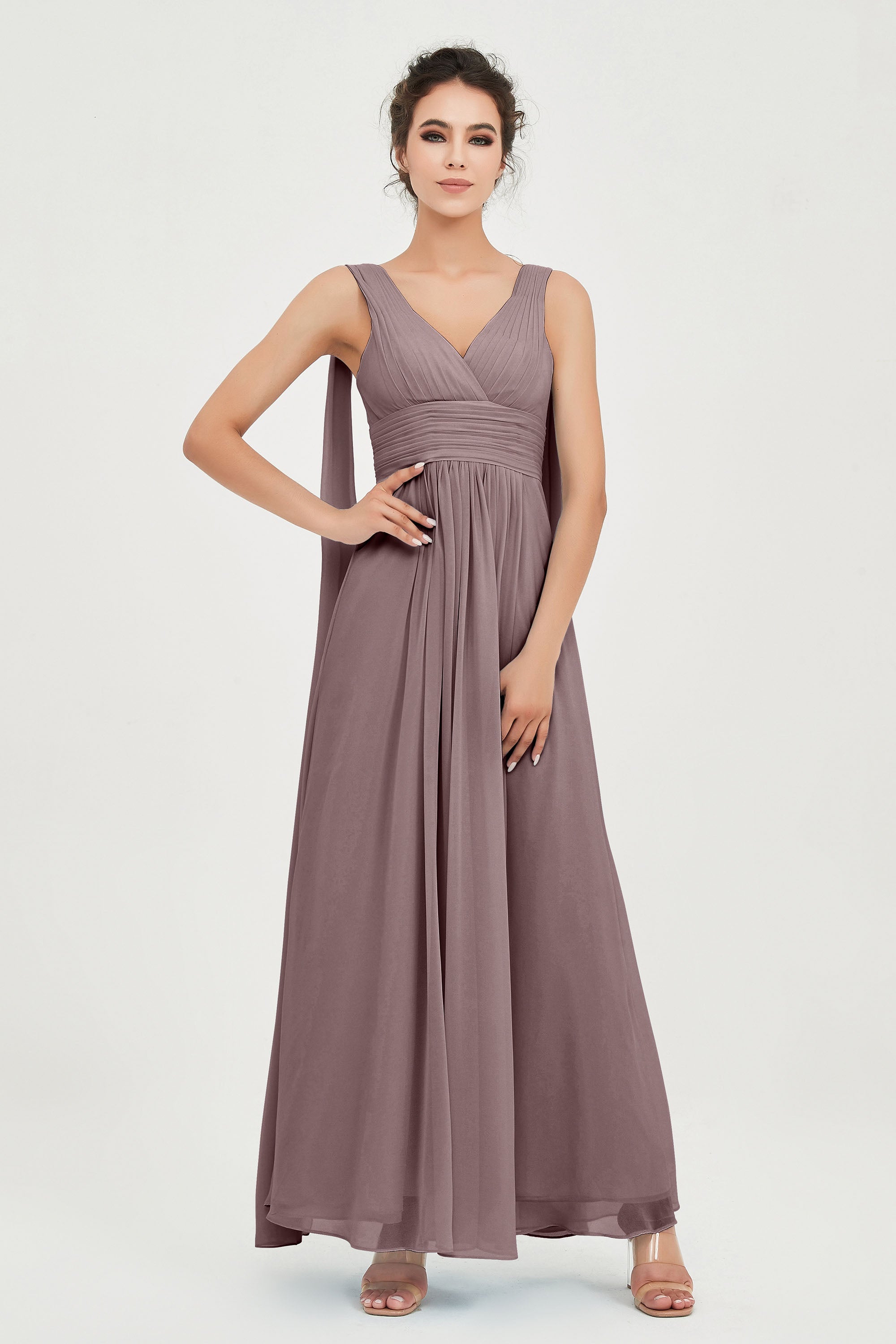 V Neck Chiffon Bridesmaid Dresses Pleated Ruched A Line Formal Evening Dress Gowns