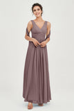 V Neck Chiffon Bridesmaid Dresses Pleated Ruched A Line Formal Evening Dress Gowns