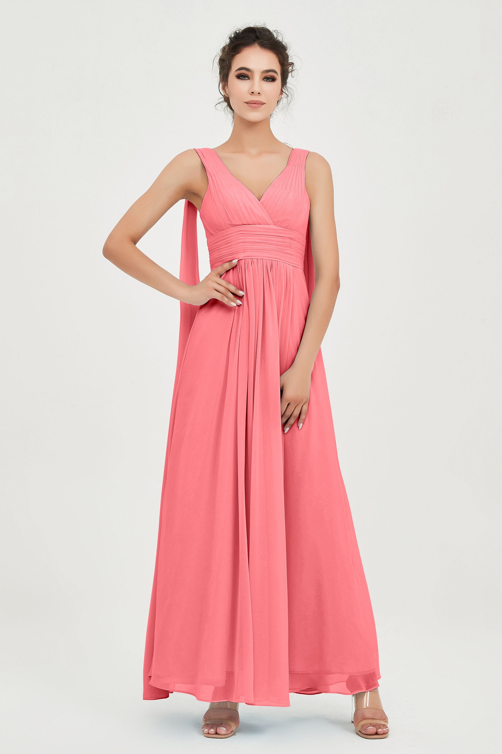 V Neck Chiffon Bridesmaid Dresses Pleated Ruched A Line Formal Evening Dress Gowns