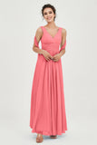 V Neck Chiffon Bridesmaid Dresses Pleated Ruched A Line Formal Evening Dress Gowns