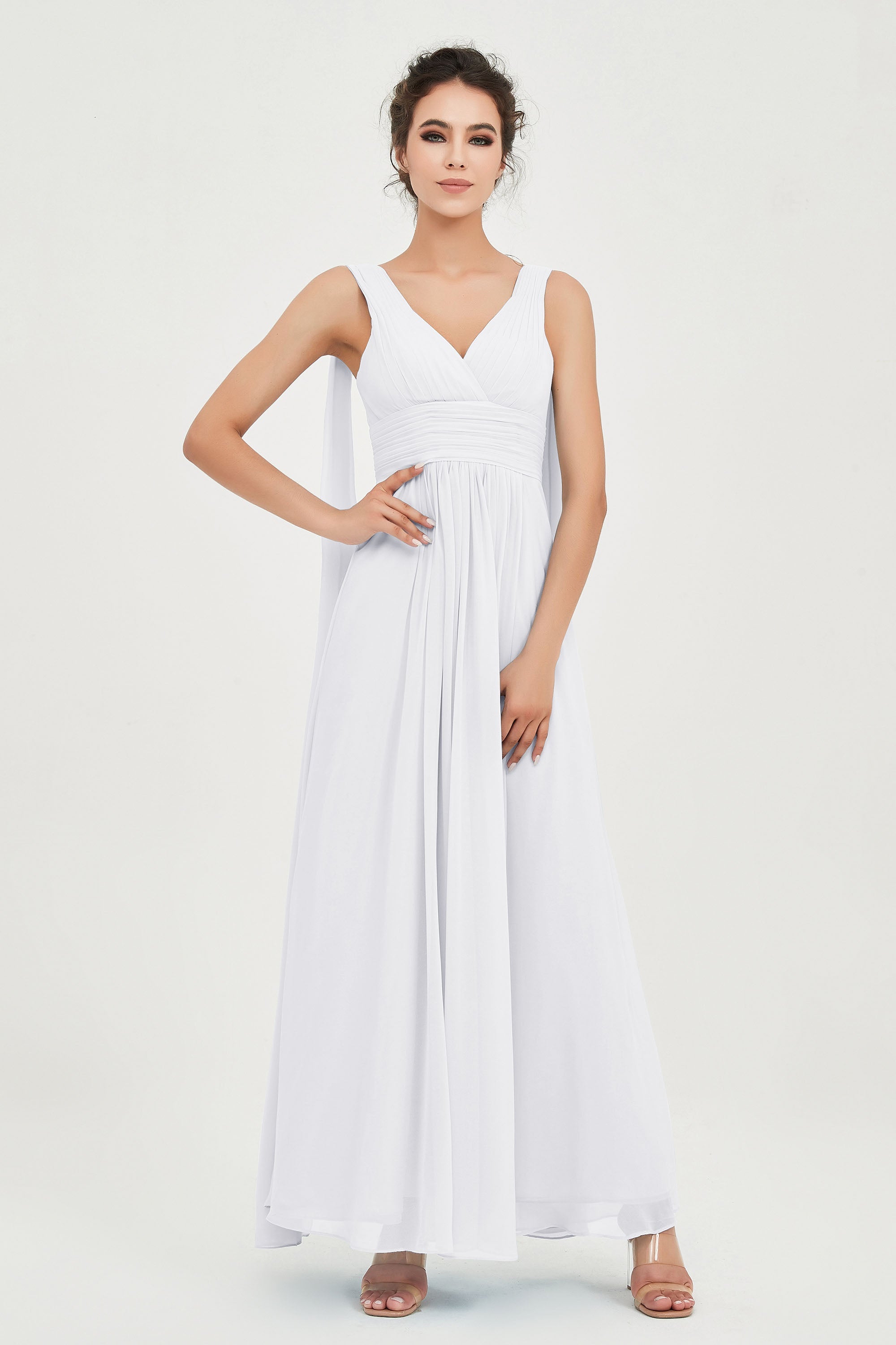 V Neck Chiffon Bridesmaid Dresses Pleated Ruched A Line Formal Evening Dress Gowns