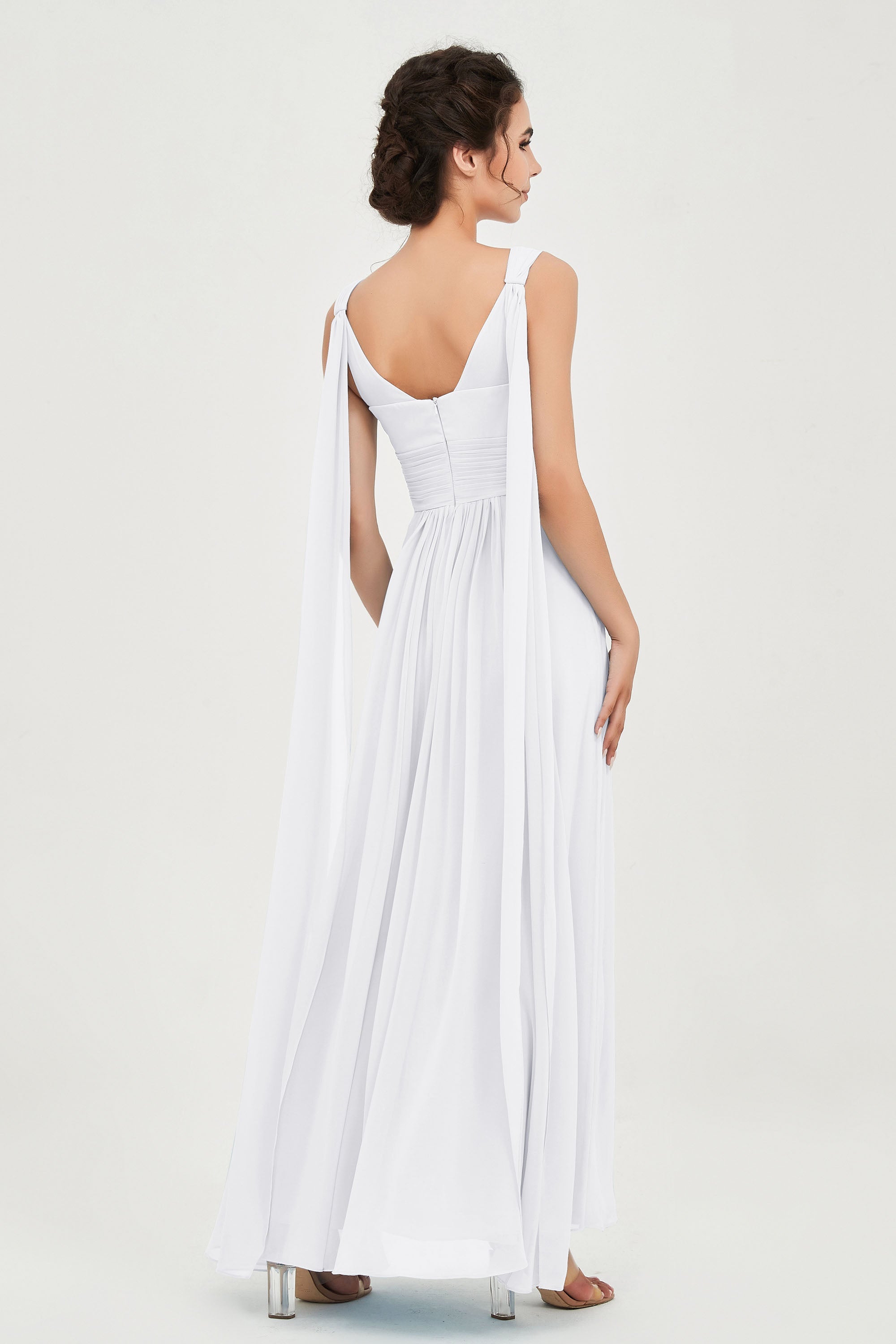 V Neck Chiffon Bridesmaid Dresses Pleated Ruched A Line Formal Evening Dress Gowns