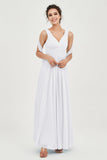 V Neck Chiffon Bridesmaid Dresses Pleated Ruched A Line Formal Evening Dress Gowns