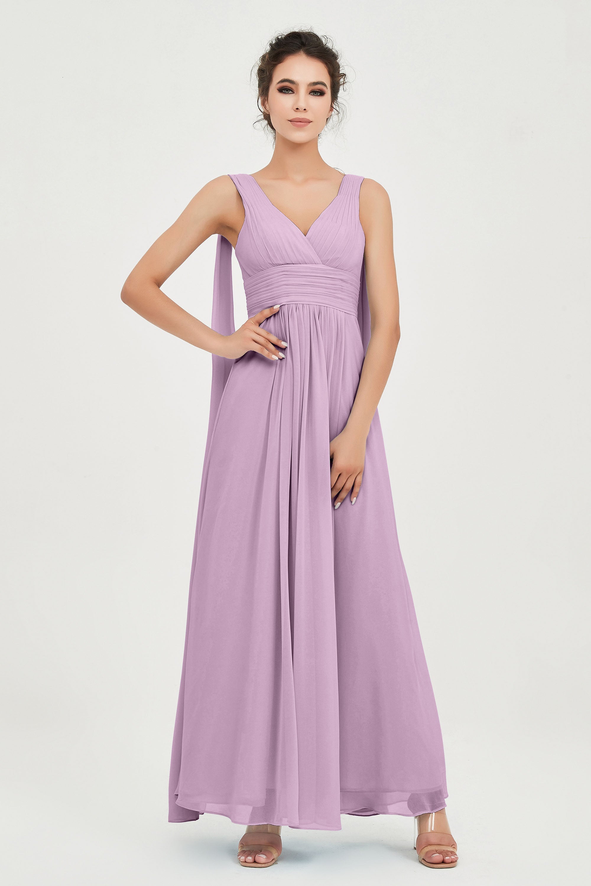 V Neck Chiffon Bridesmaid Dresses Pleated Ruched A Line Formal Evening Dress Gowns