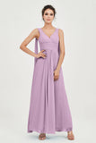 V Neck Chiffon Bridesmaid Dresses Pleated Ruched A Line Formal Evening Dress Gowns