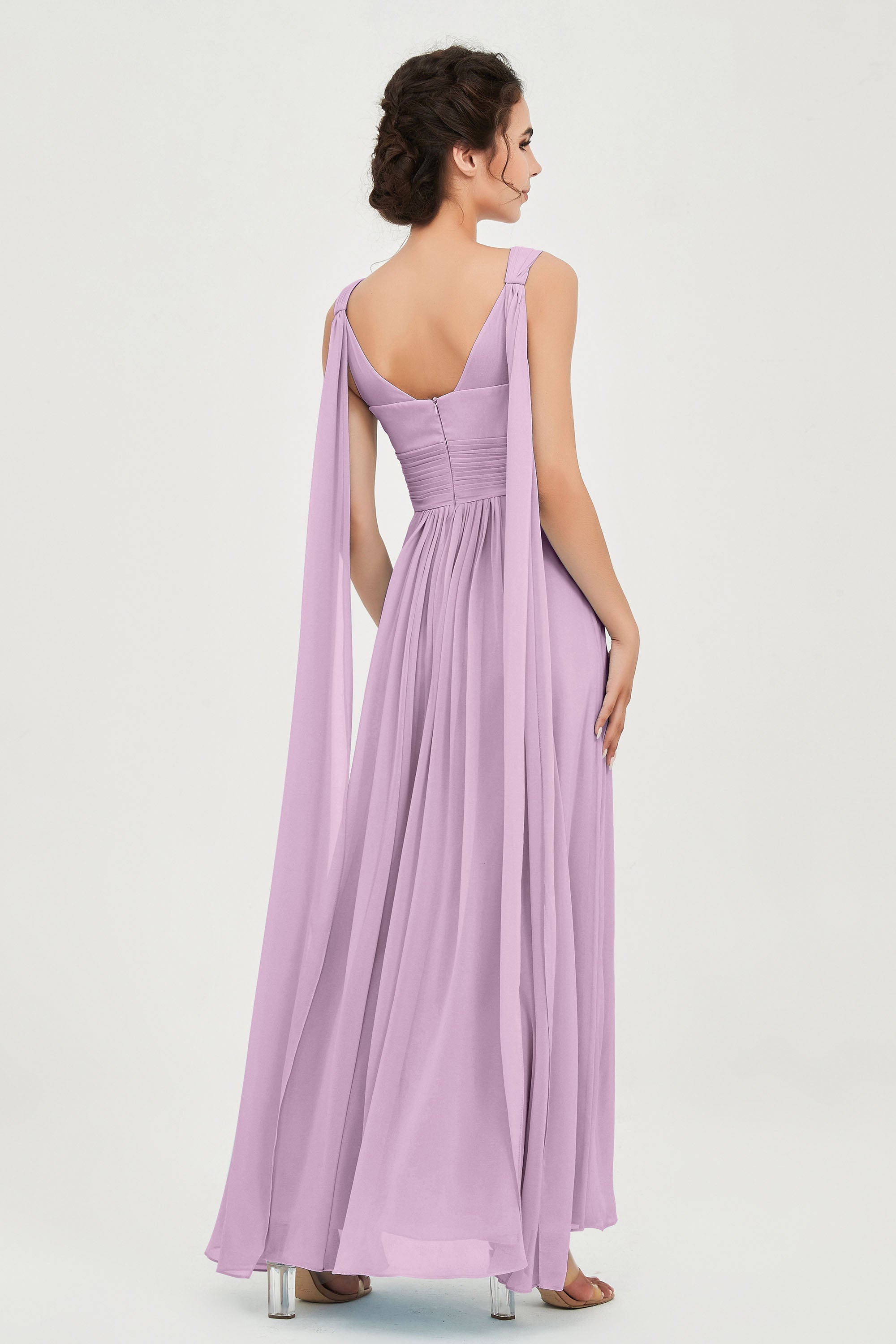 V Neck Chiffon Bridesmaid Dresses Pleated Ruched A Line Formal Evening Dress Gowns