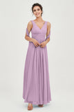 V Neck Chiffon Bridesmaid Dresses Pleated Ruched A Line Formal Evening Dress Gowns