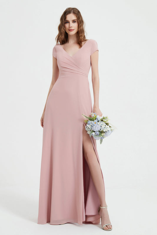 Cap Sleeves Chiffon Backless Bridesmaid Dress Long Formal Evening Dresses with Slit