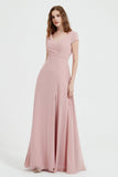 Cap Sleeves Chiffon Backless Bridesmaid Dress Long Formal Evening Dresses with Slit