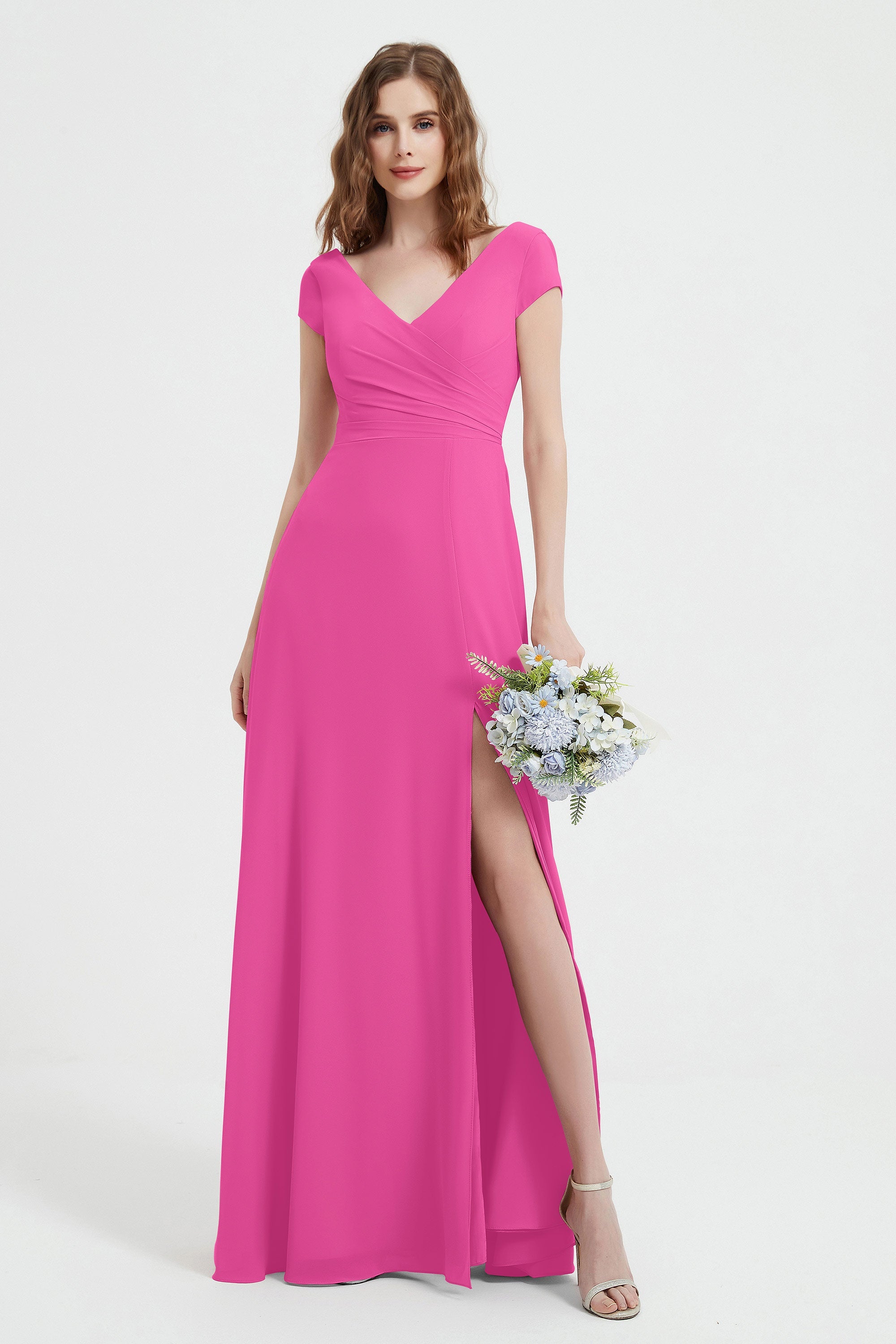Cap Sleeves Chiffon Backless Bridesmaid Dress Long Formal Evening Dresses with Slit