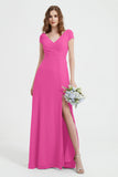 Cap Sleeves Chiffon Backless Bridesmaid Dress Long Formal Evening Dresses with Slit